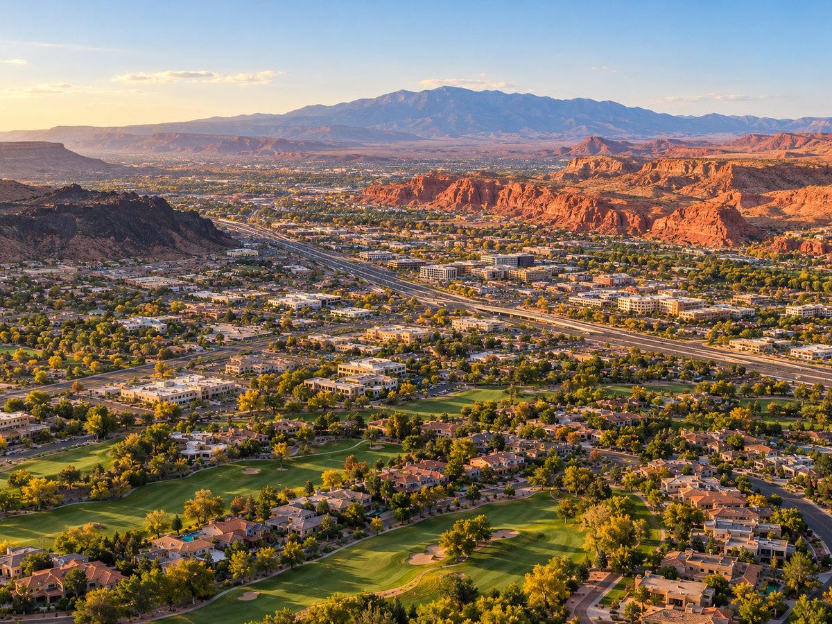 Aerial illustration of a Southern Utah desert city with red rock outcrops, golf courses, and a mountain range on the horizon