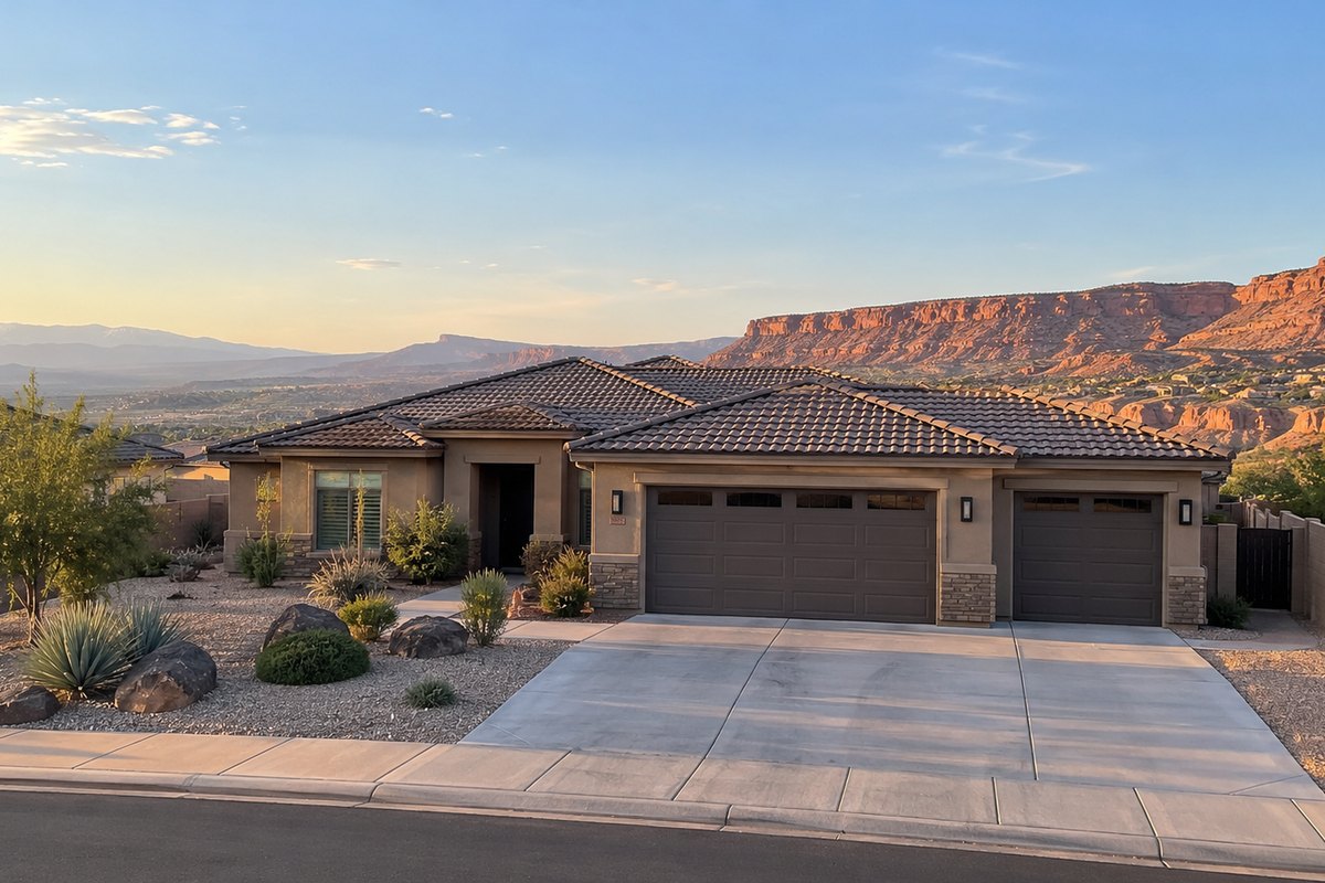 A single-story stucco home with a three-car garage and desert landscaping, red rock cliffs in the distance