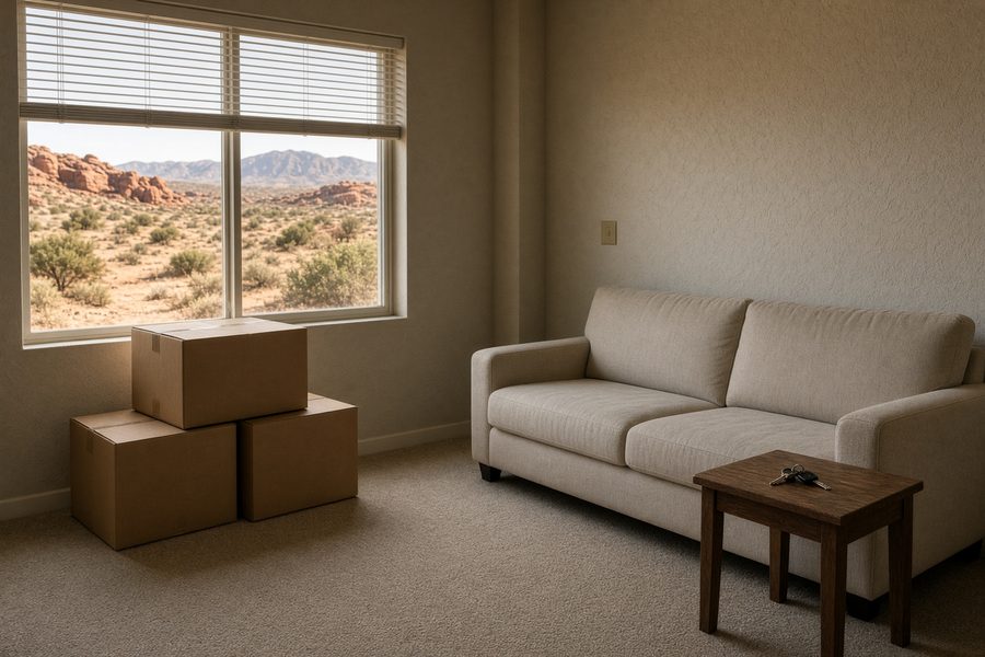 An unused living room with moving boxes and house keys