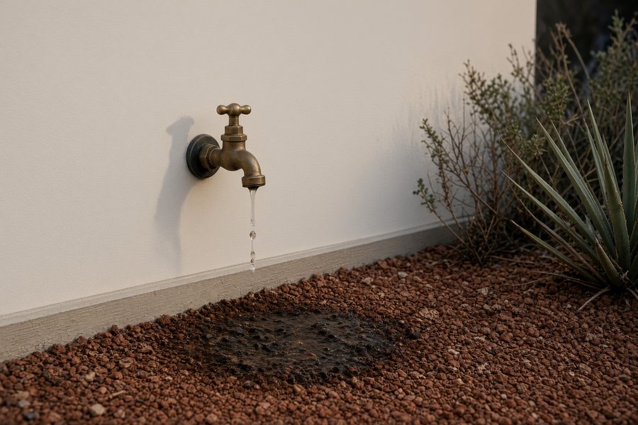A dripping outdoor faucet on a quiet stucco wall at dusk