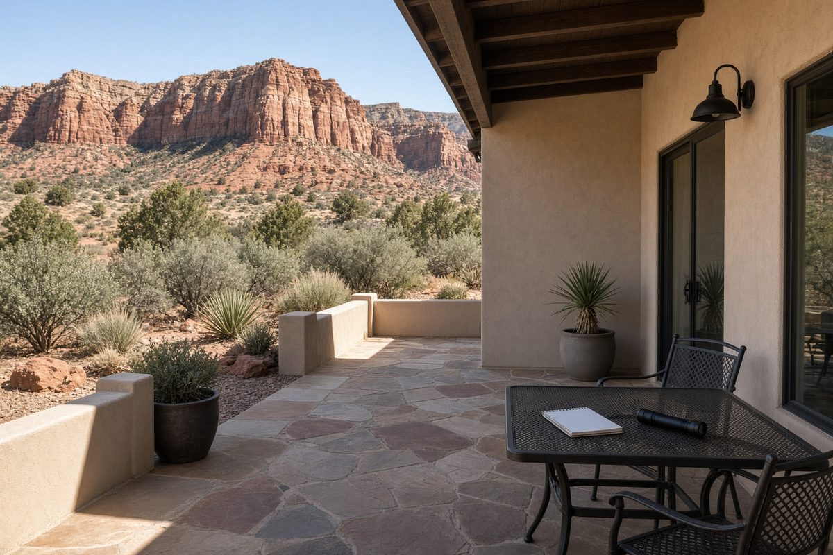 A quiet vacation-home patio with red rock behind it