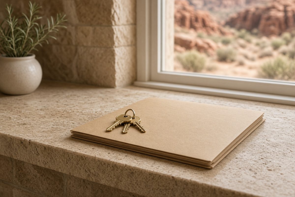 House keys and a folder on a kitchen counter